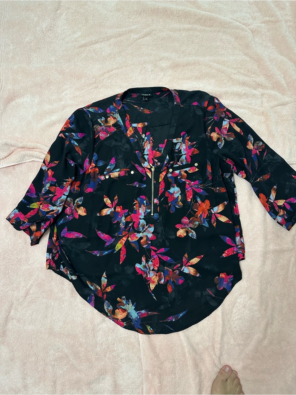 torrid Black Floral Zip-Notch Blouse with Multicolor Petals